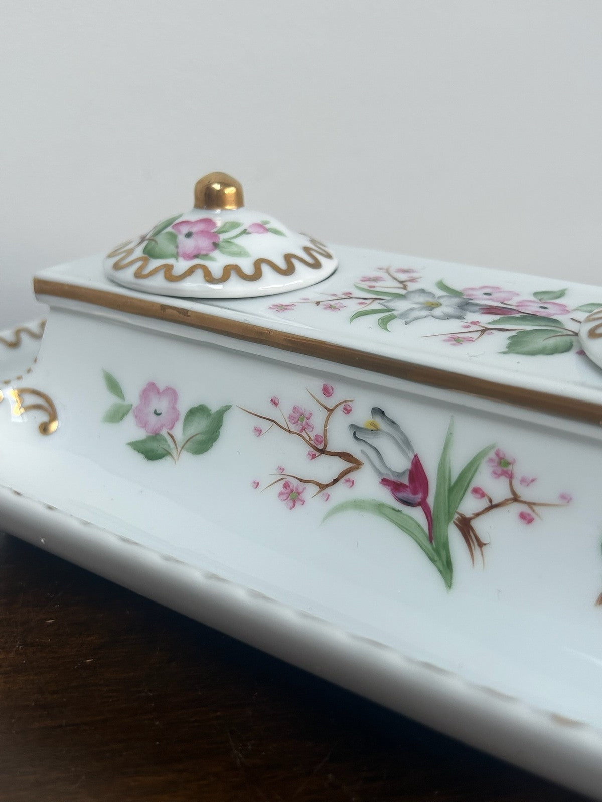 Continental Porcelain Inkstand Pen Tray Prunus Floral Gilt with Lids3