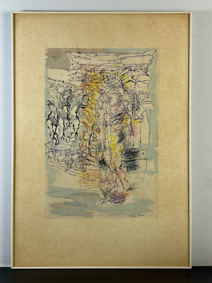Nan Lurie Original Signed Mixed Media Abstract Figures Ink Wash WPA Artist