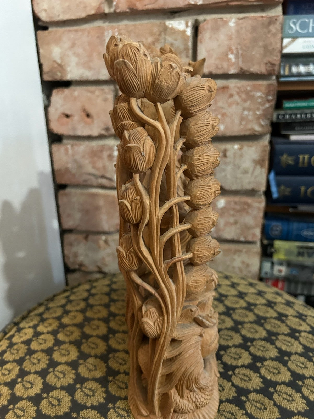 Chinese Carved Wood Guanyin Figure Group Dragons Lotus Deeply Carved Panel10