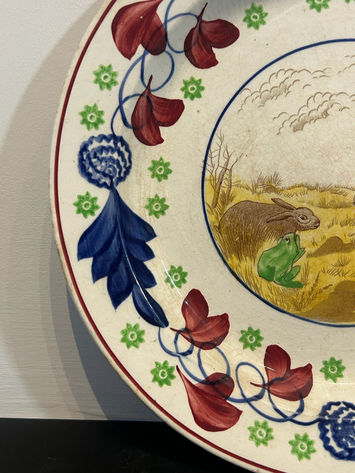 Antique Pottery Plate Rabbits and Frog Spongeware Border 22cm1