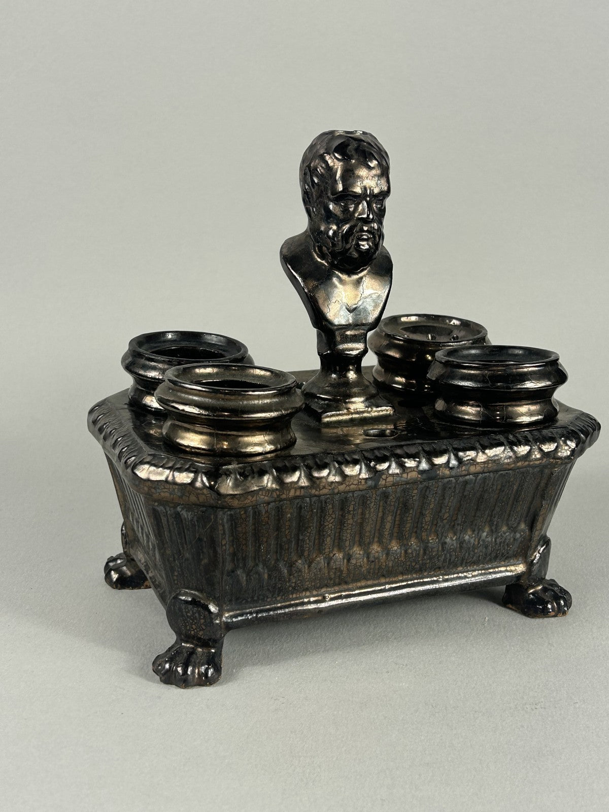 Early Staffordshire Silver Lustre Philosopher Inkstand with Four Pots