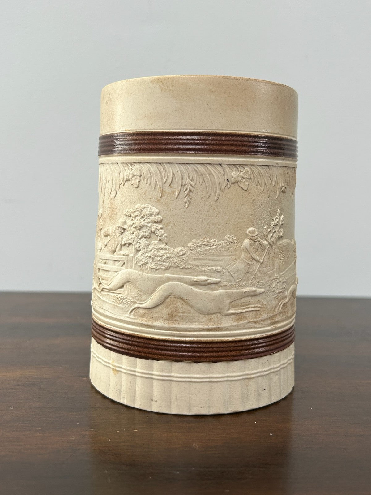Antique Turner Stoneware Mug Tankard c1810 Sprigged Relief Georgian Drab1