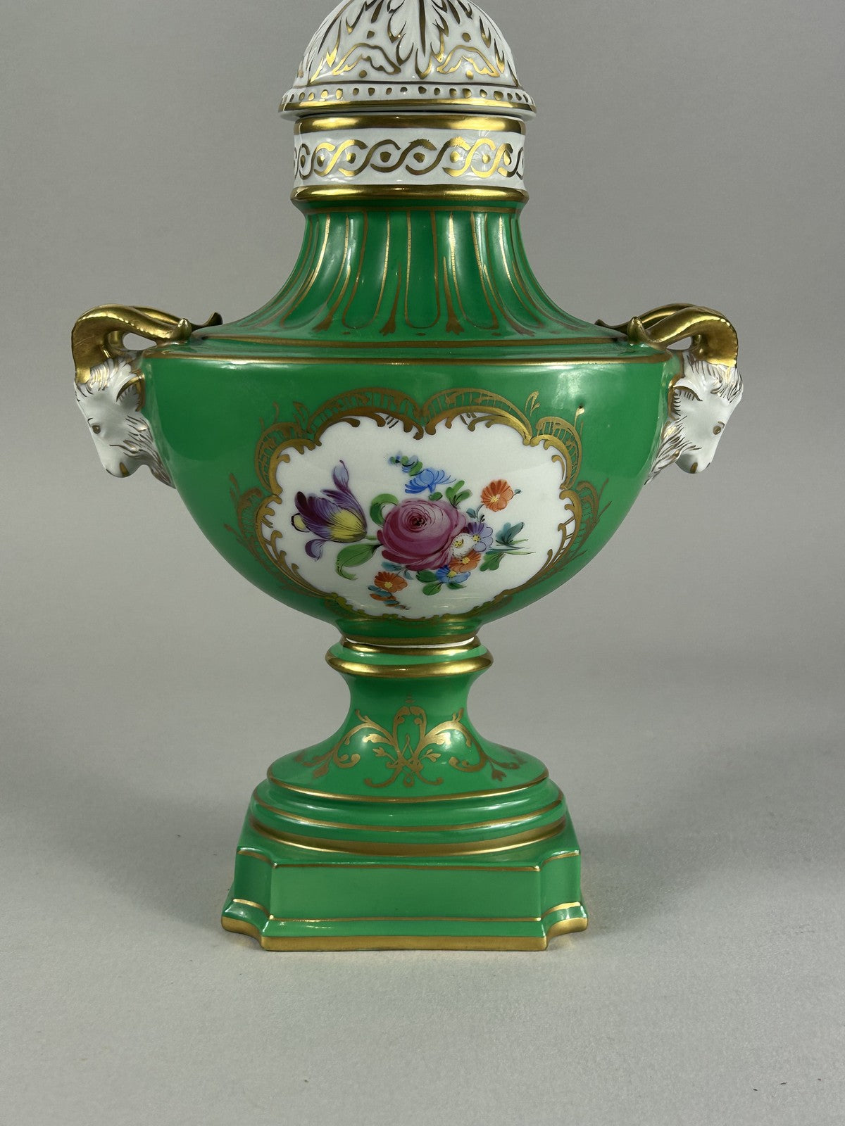 Dresden green porcelain ram’s head lamp base vase with finial
