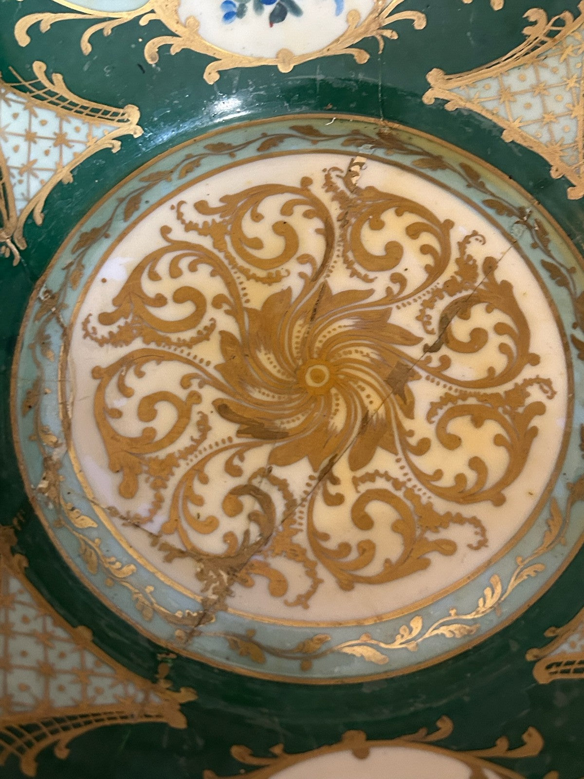 Le Tallec Paris Hand Painted Porcelain Square Dish Green Gilt Floral Border9