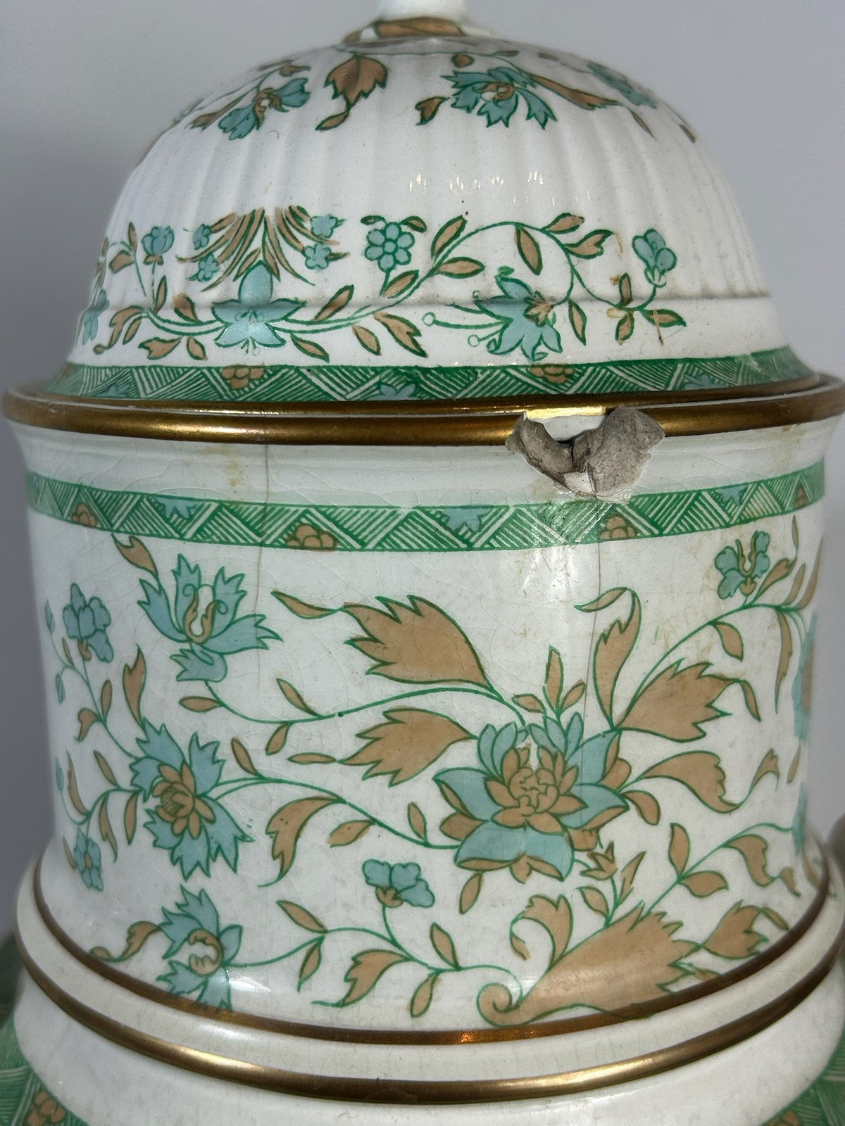 Antique Victorian Wedgwood Beanes Patent Tea Infuser Urn Green Floral Gilt 35cm5