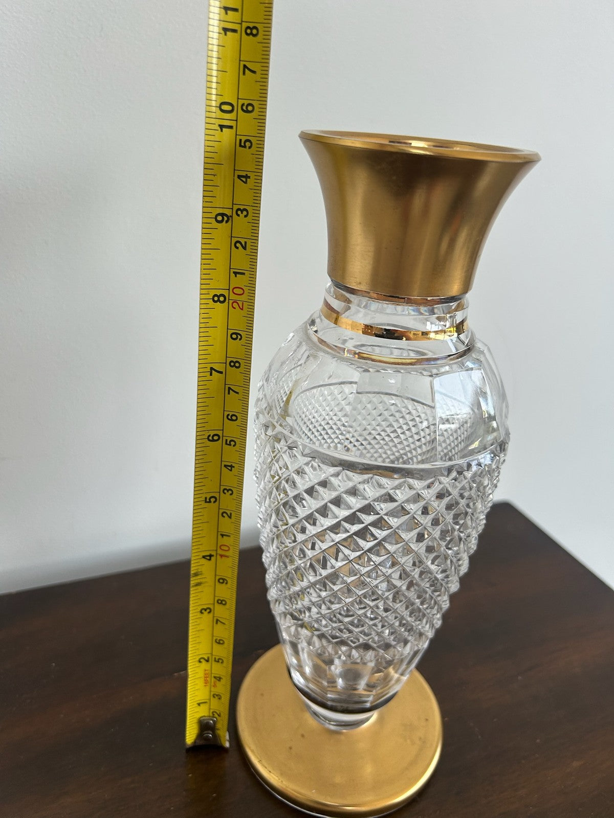 Bohemian Diamond Cut Crystal Vase Gilt Mounted Rim & Foot 25cm10