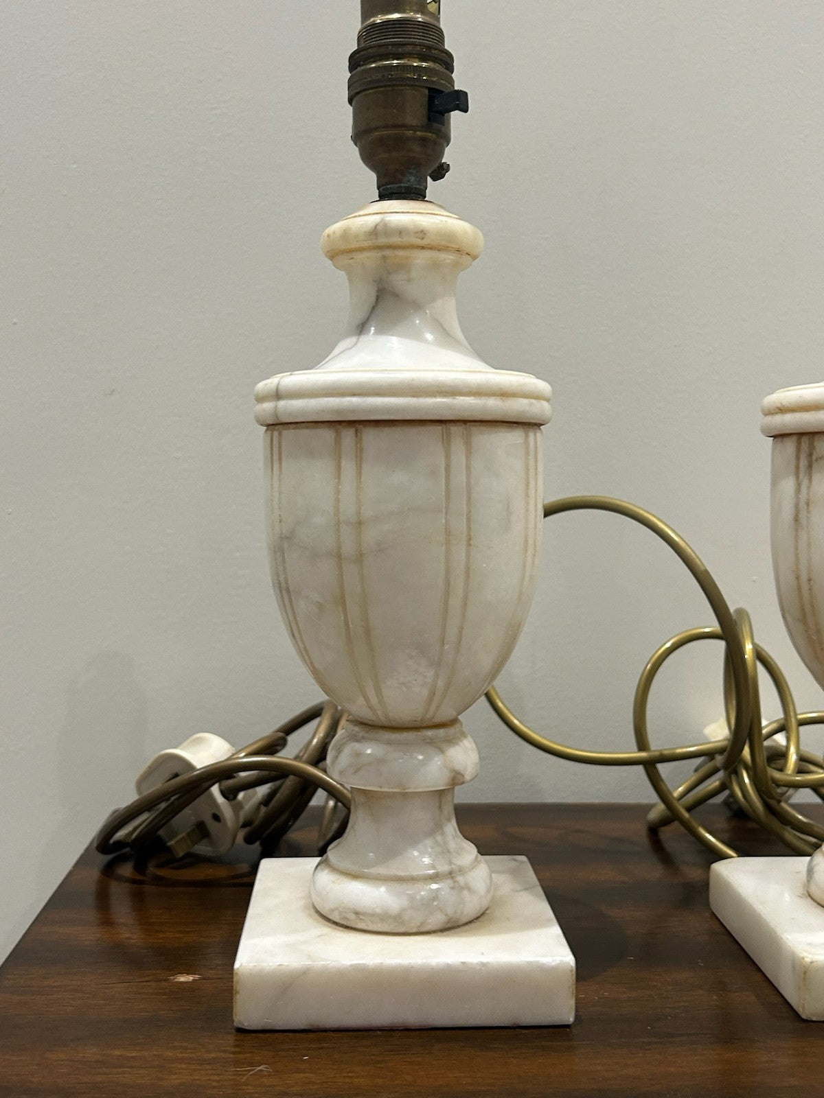 Pair Vintage Alabaster Urn Table Lamps Square Marble Bases1