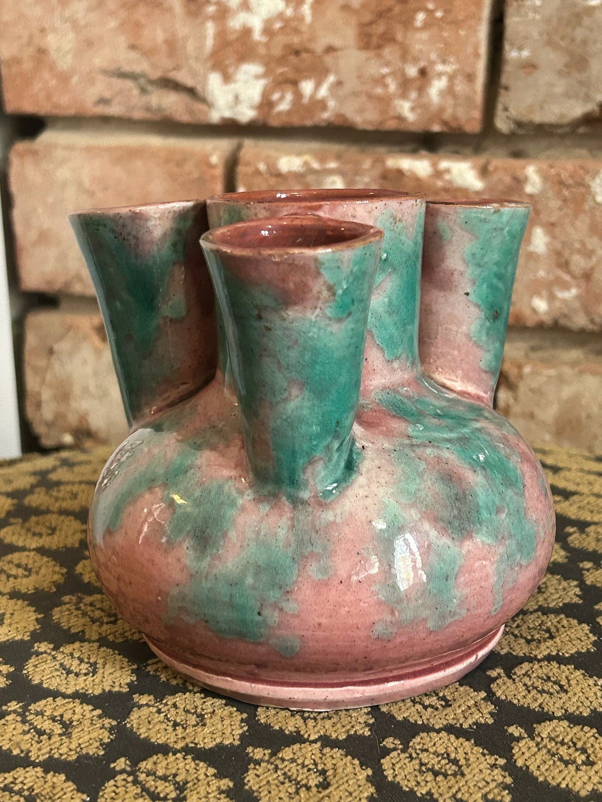 Vintage Studio Pottery Five Neck Vase Pink Green Drip Glaze Tulip Vase Retro5