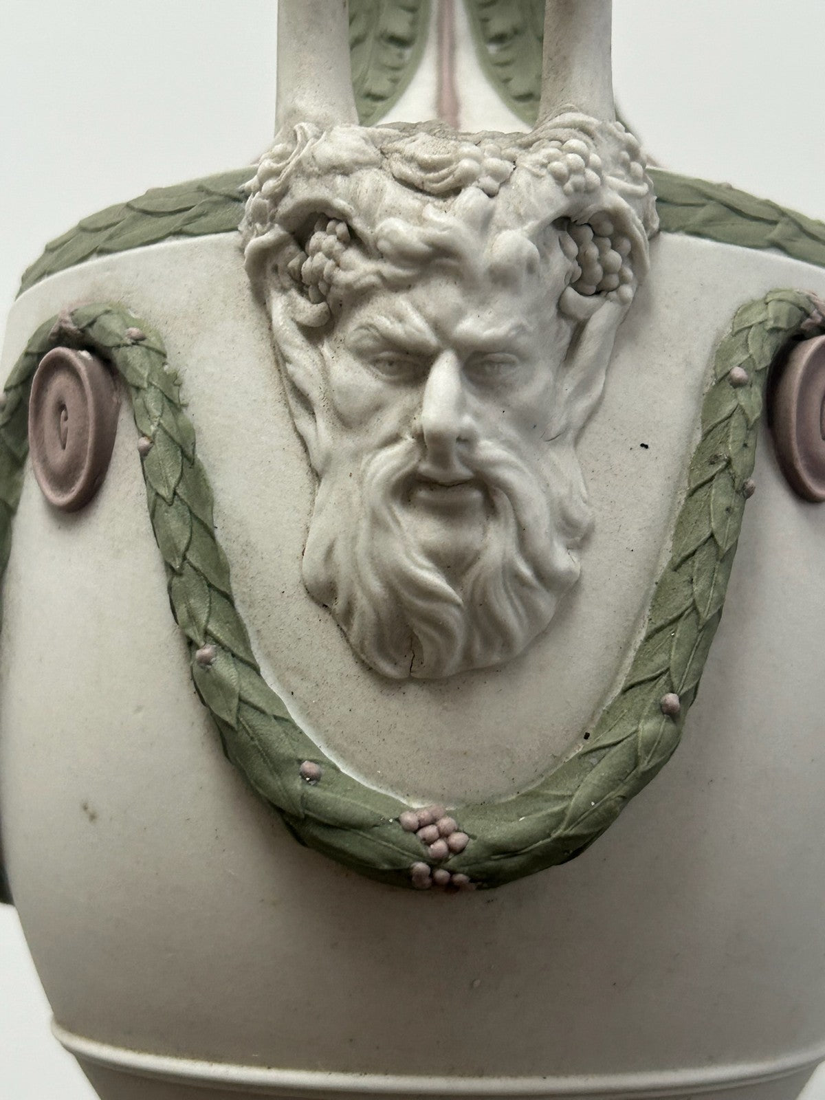 Wedgwood Tricolour Jasper Vase Satyr Masks Green Lilac White 19th Century2