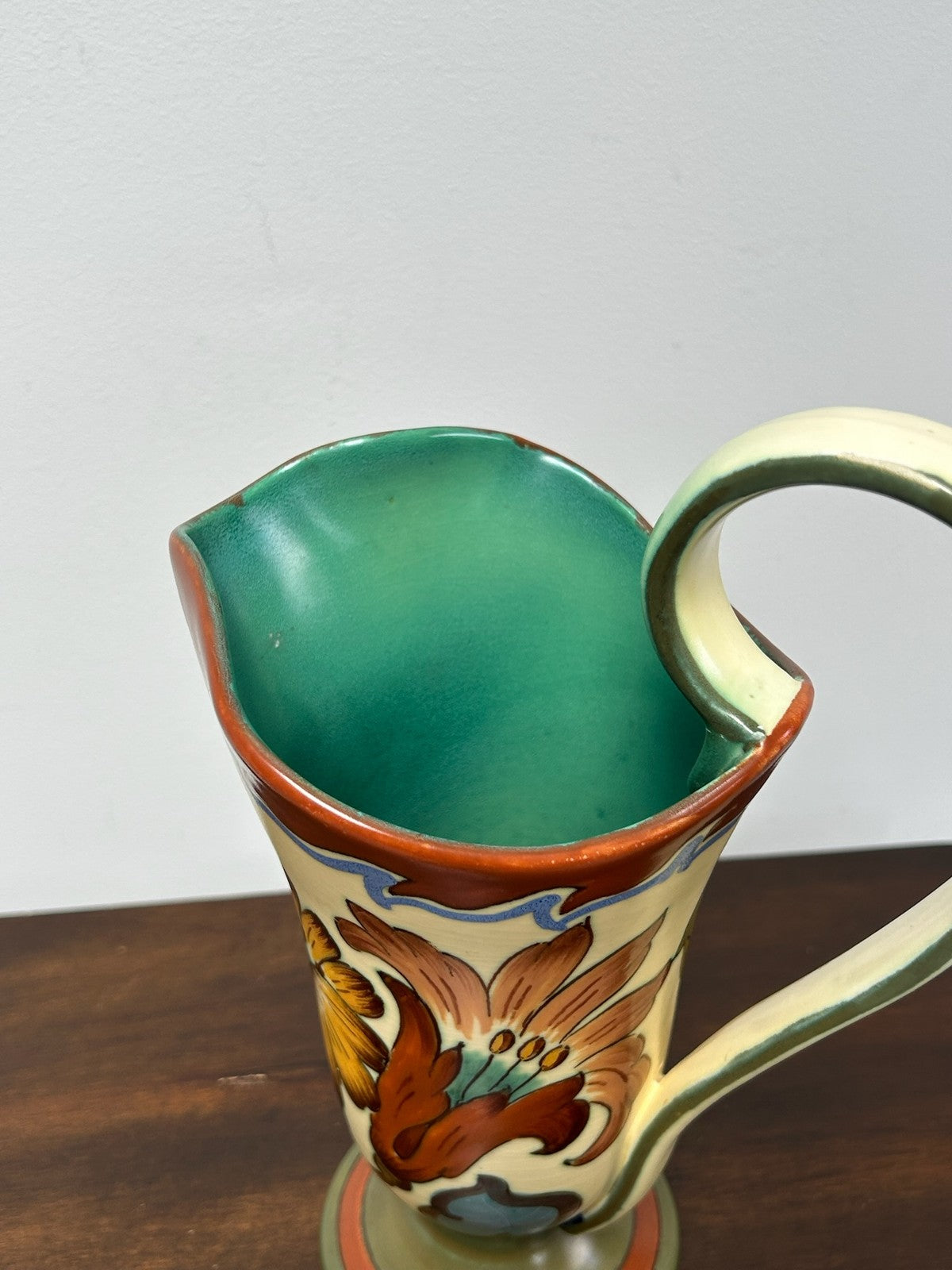 Gouda Dutch Art Pottery Ewer Jug Hand Painted Floral Matt Glaze 27cm3