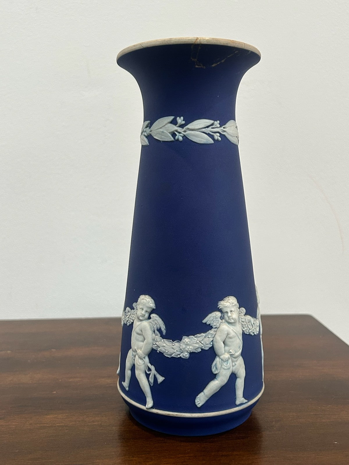 Pair Antique Wedgwood Portland Blue Jasperware Vases Cherubs Cupids (One A/F)8