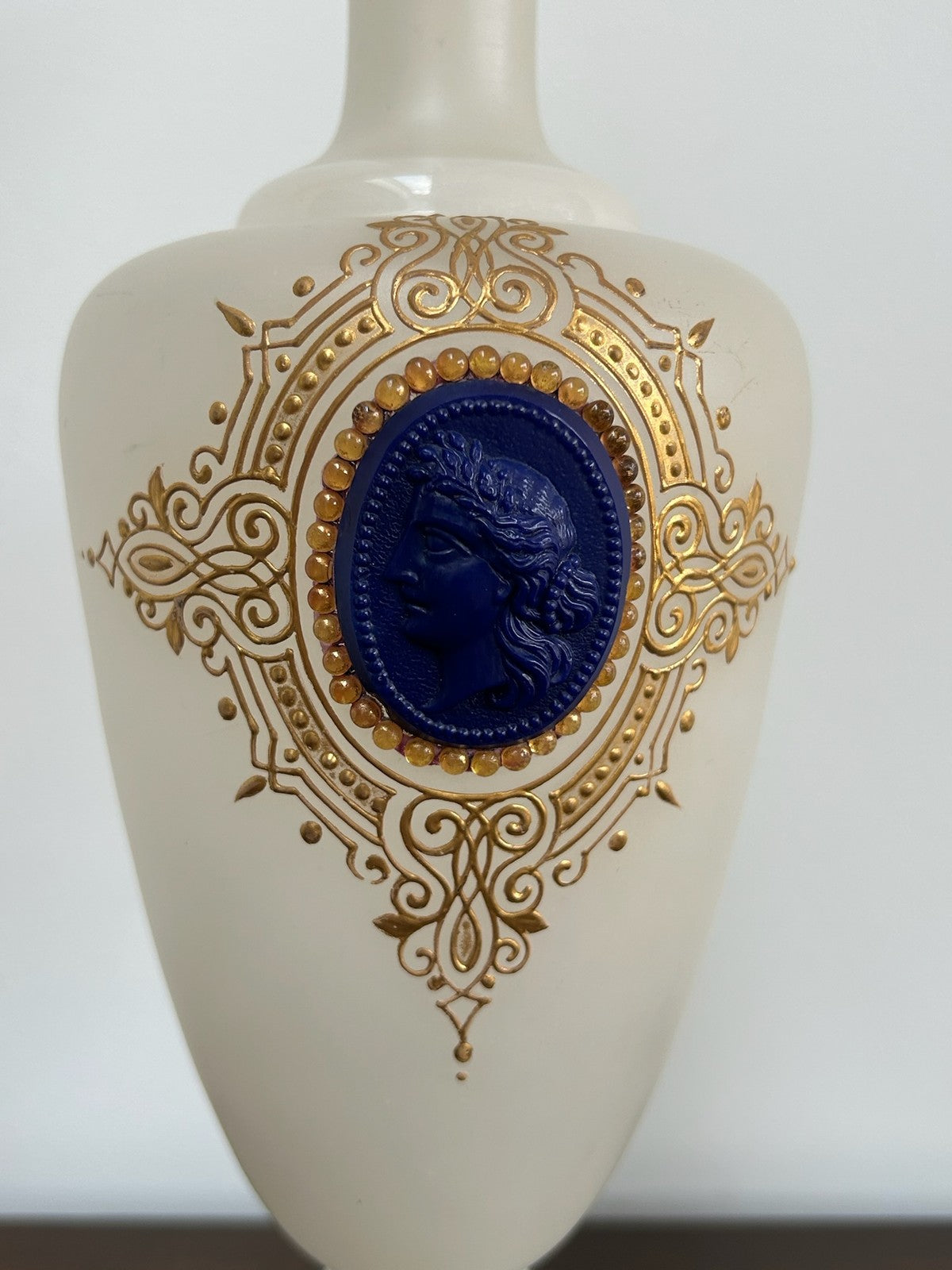 Antique Bohemian Opaline Glass Vase Portrait Cameo Gilded1