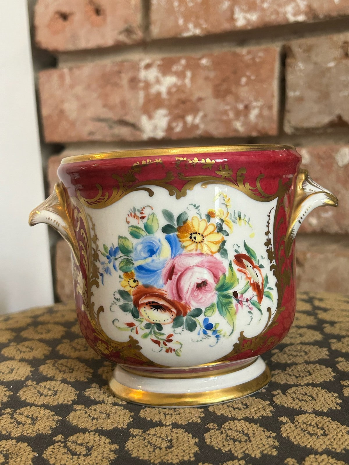 Le Tallec Paris Hand Painted Porcelain Cachepot Crimson Gilt Floral Reserves3