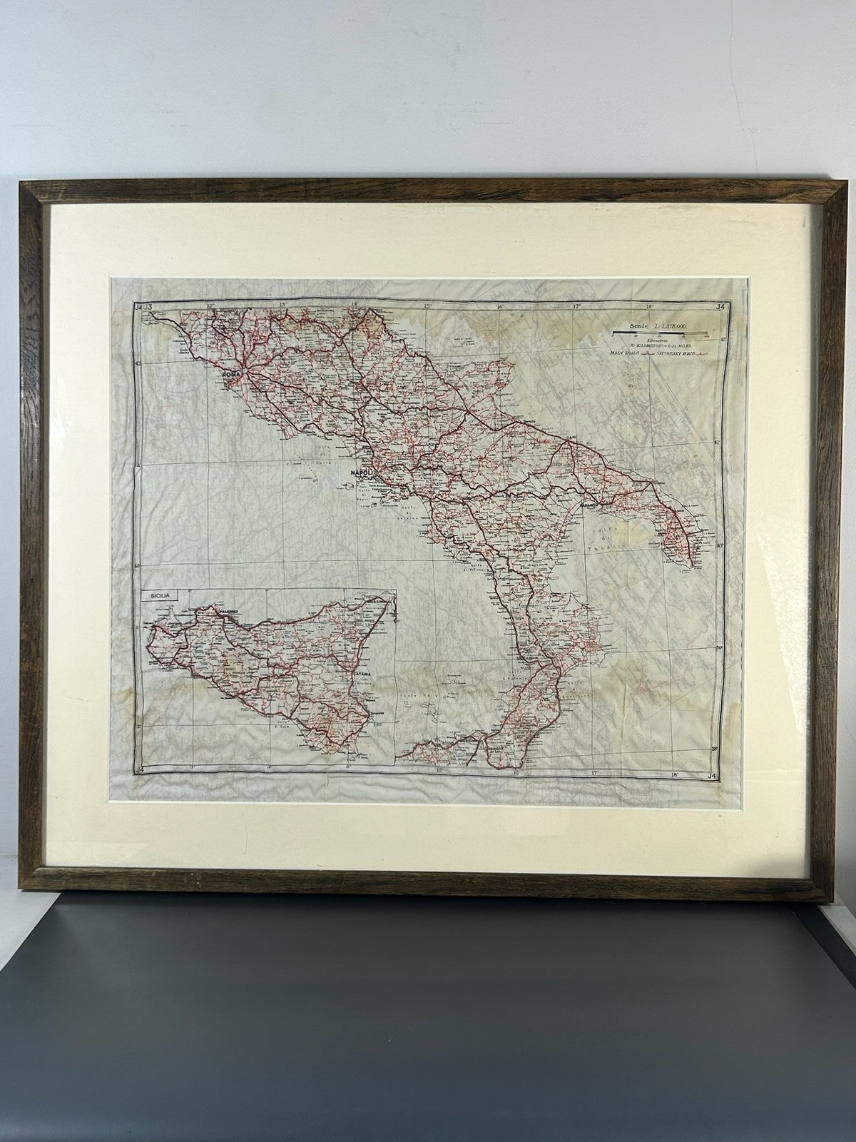 WWII MI9 Silk Escape Map Italy Sicily Sheet J4 1:1,378,000 RAF Evasion Framed0