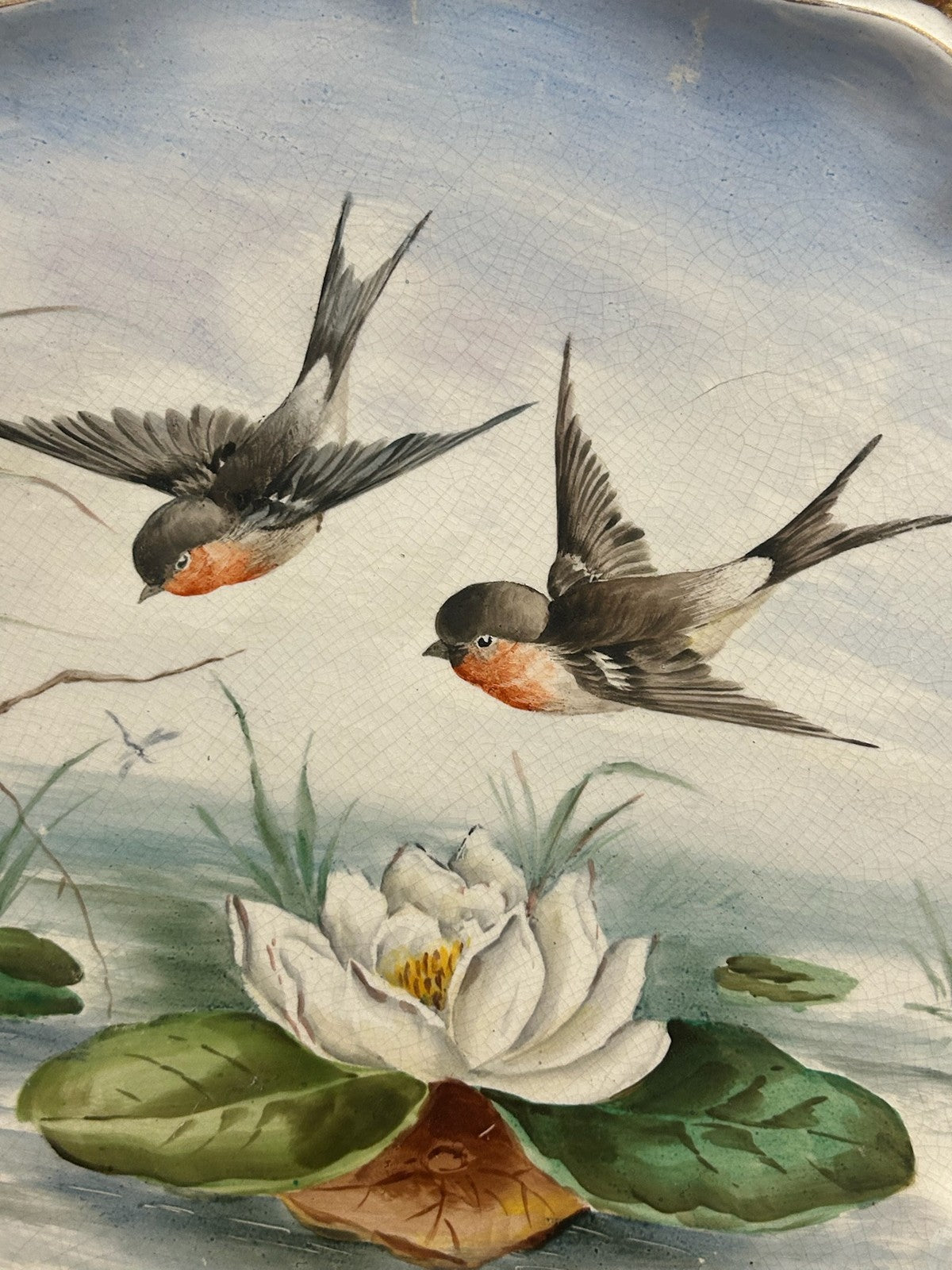 Antique Hand Painted Porcelain Dish Swallows Water Lilies Signed Baker 34cm2
