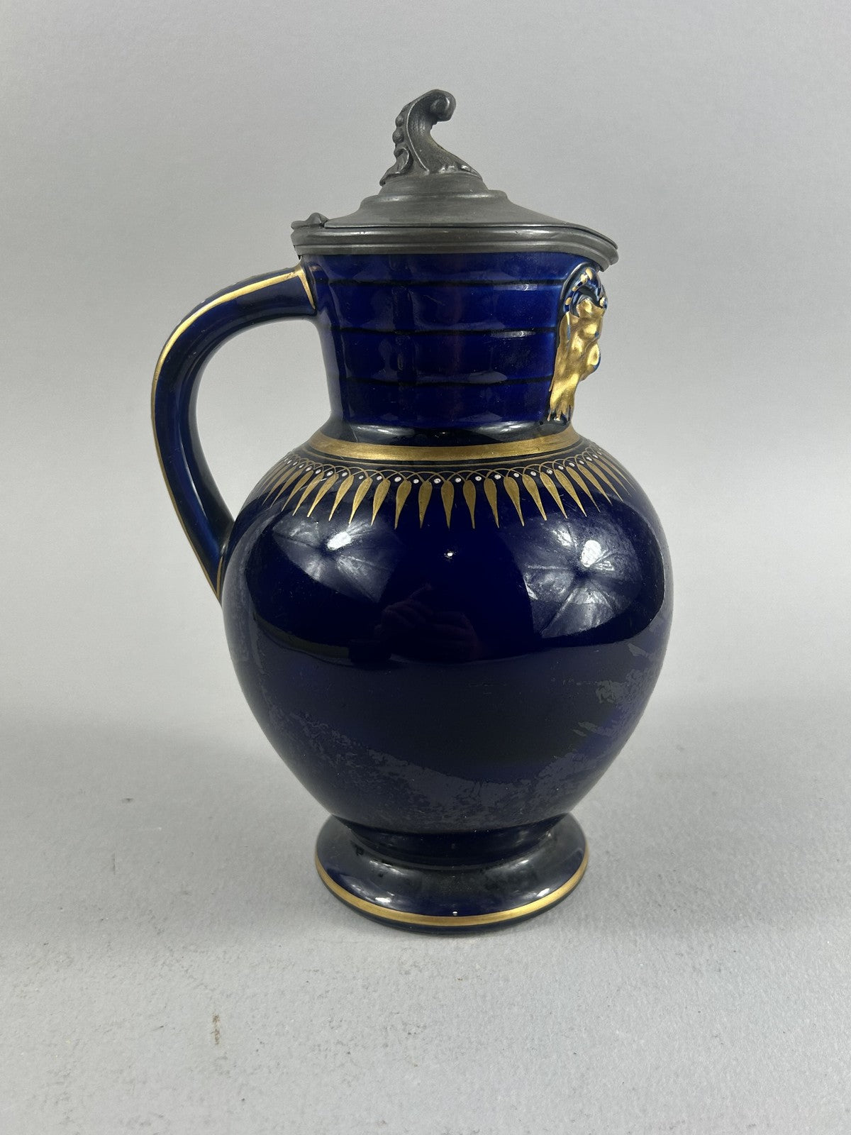 Wedgwood Victorian Blue and Gold Doric Jasperware Jug with Pewter Lid