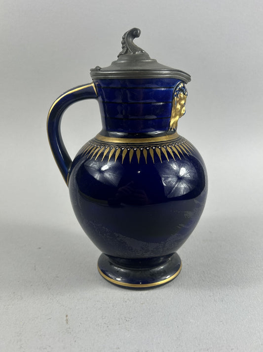 Wedgwood Victorian Blue and Gold Doric Jasperware Jug with Pewter Lid