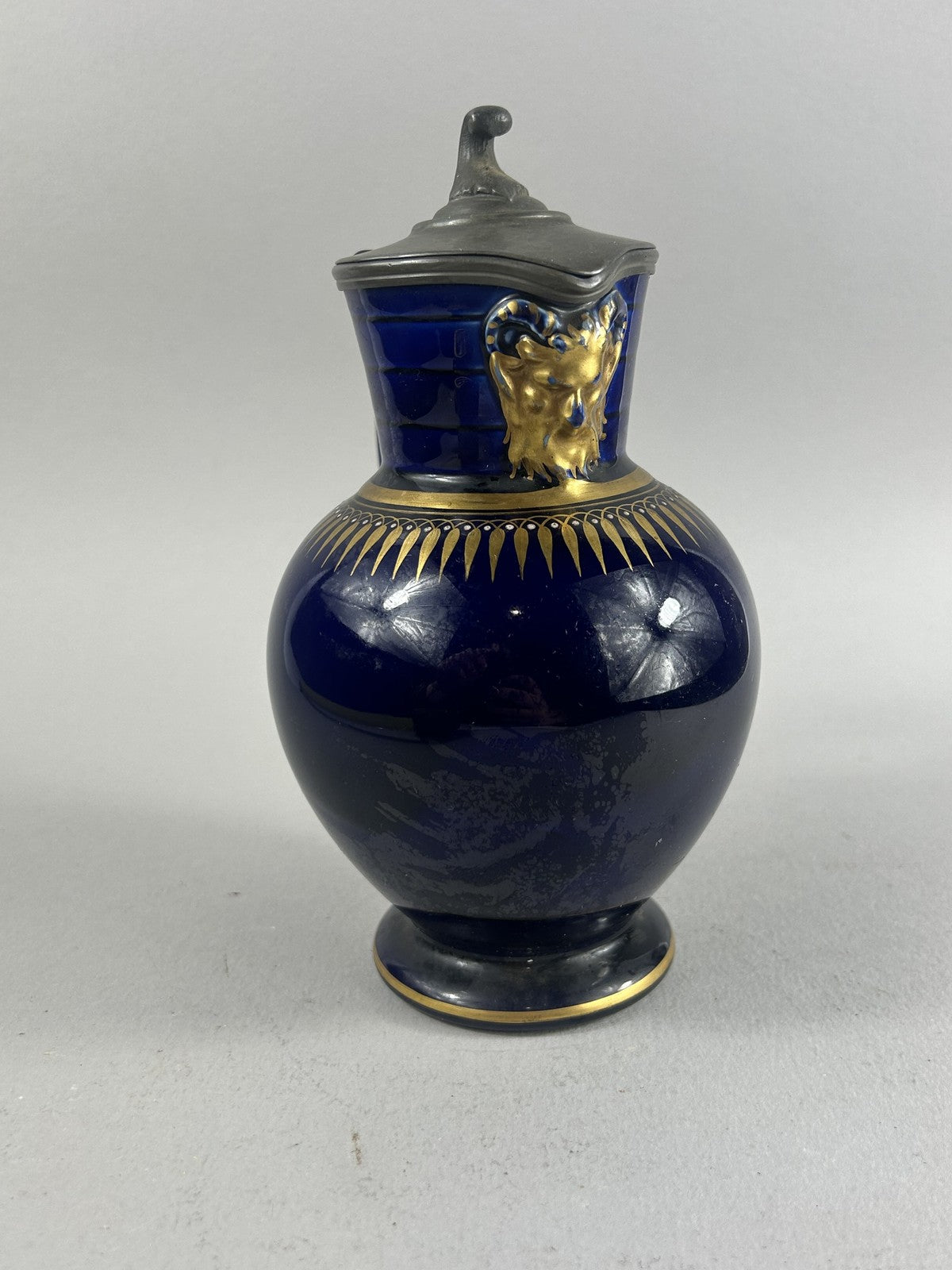 Wedgwood Victorian Blue and Gold Doric Jasperware Jug with Pewter Lid