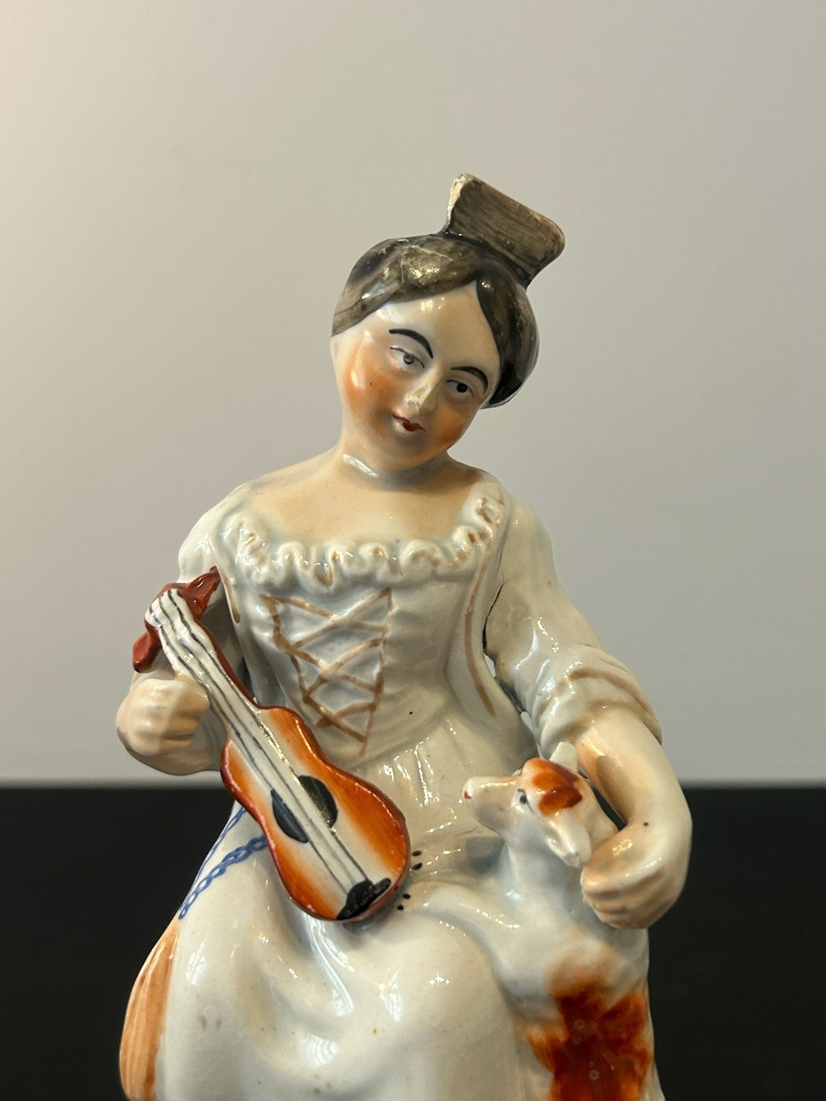 Antique Victorian Staffordshire Figure Seated Girl Playing Mandolin Flowers 20cm1