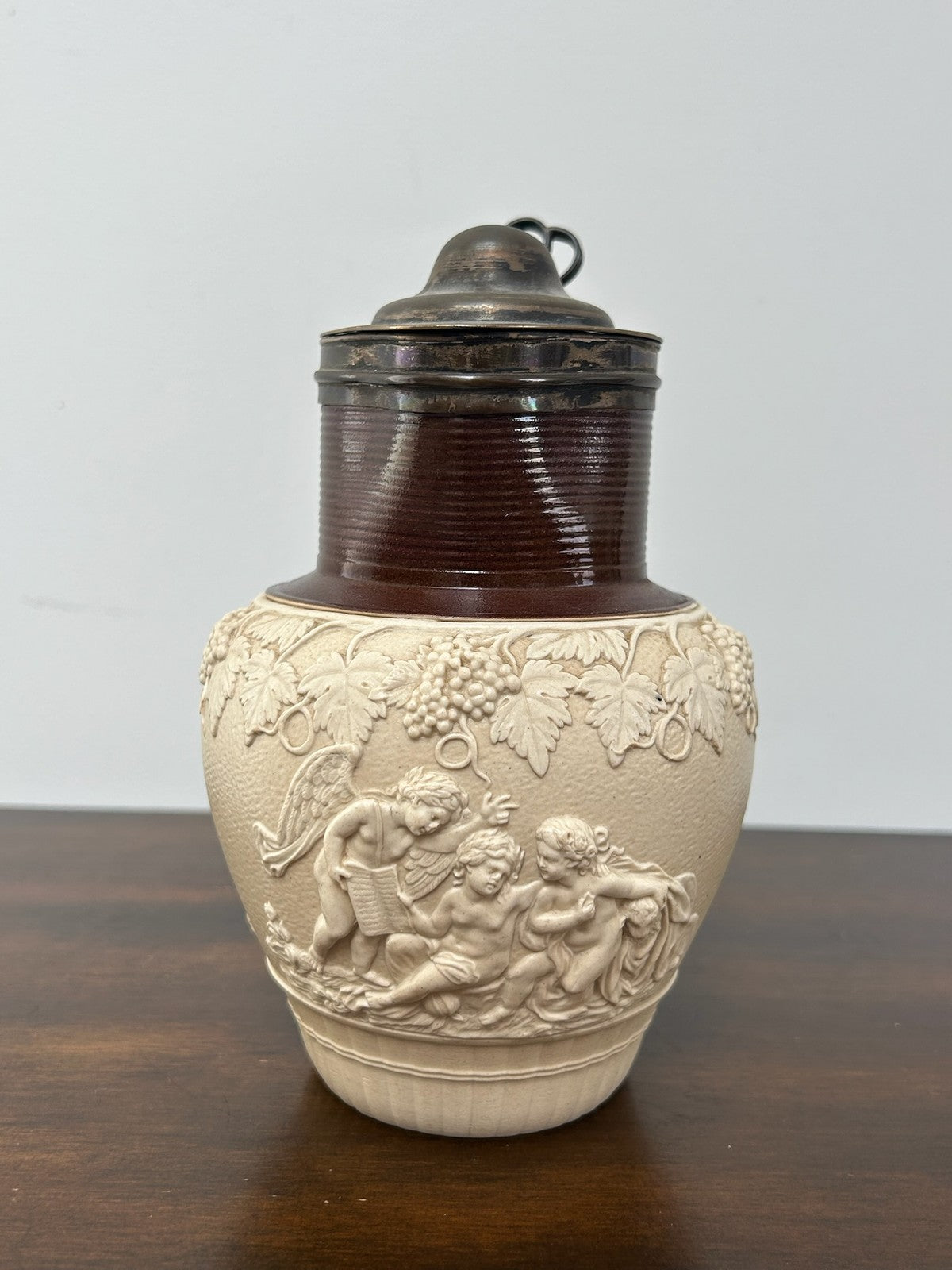 Turner Stoneware Jug 19cm Cupid Bacchanalian Relief Georgian c1810 Antique1