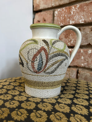 Vintage West German Style Pottery Jug Painted Stylised Flowers Textured Retro