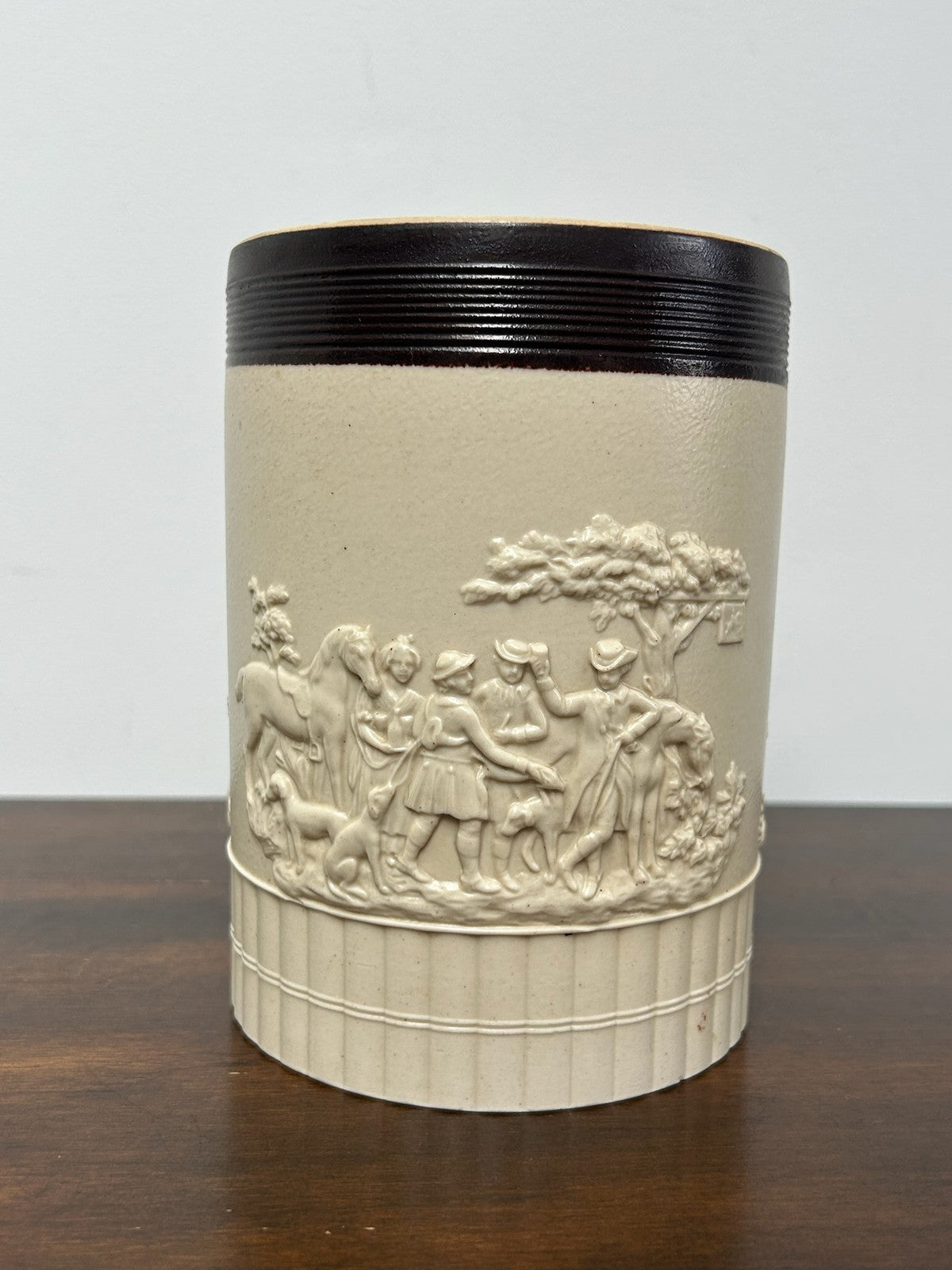 Antique Turner Stoneware Mug 16cm Sprigged Sporting Relief Georgian Drab1