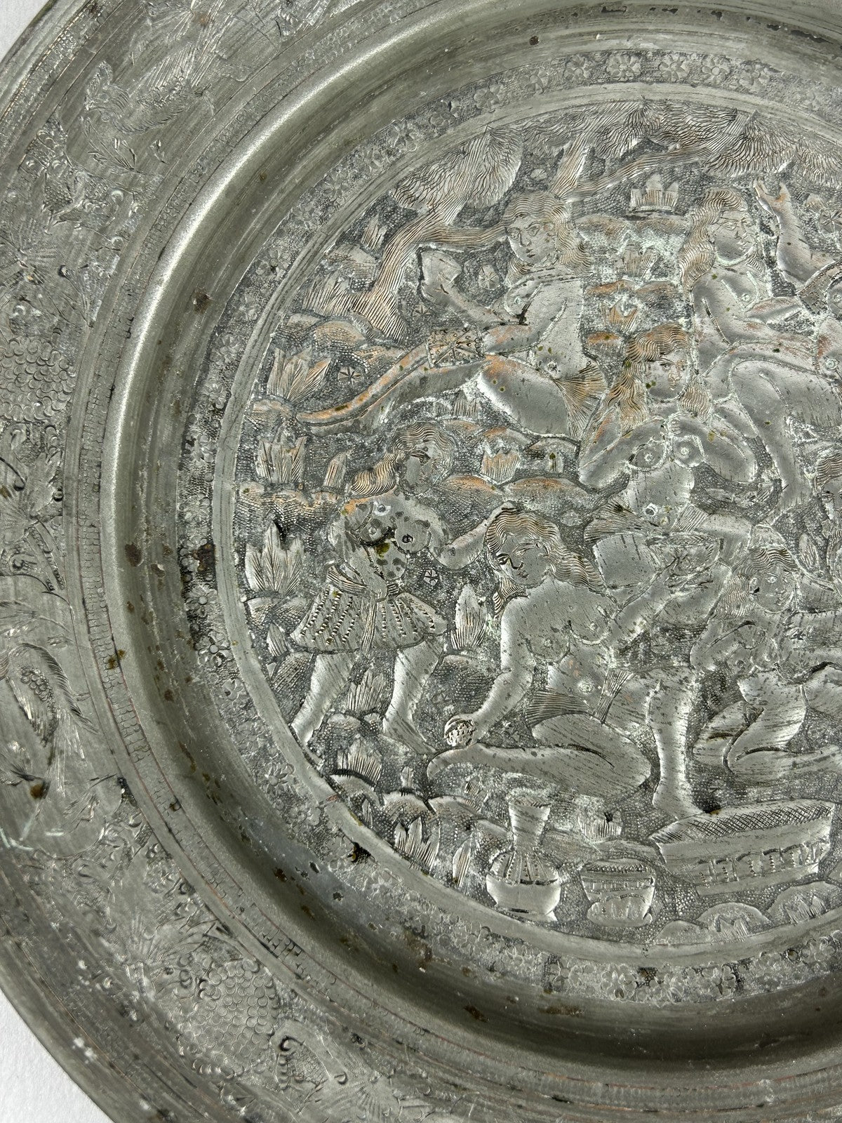 Antique Persian Silvered Copper Erotic Nude Figures Dish 23cm