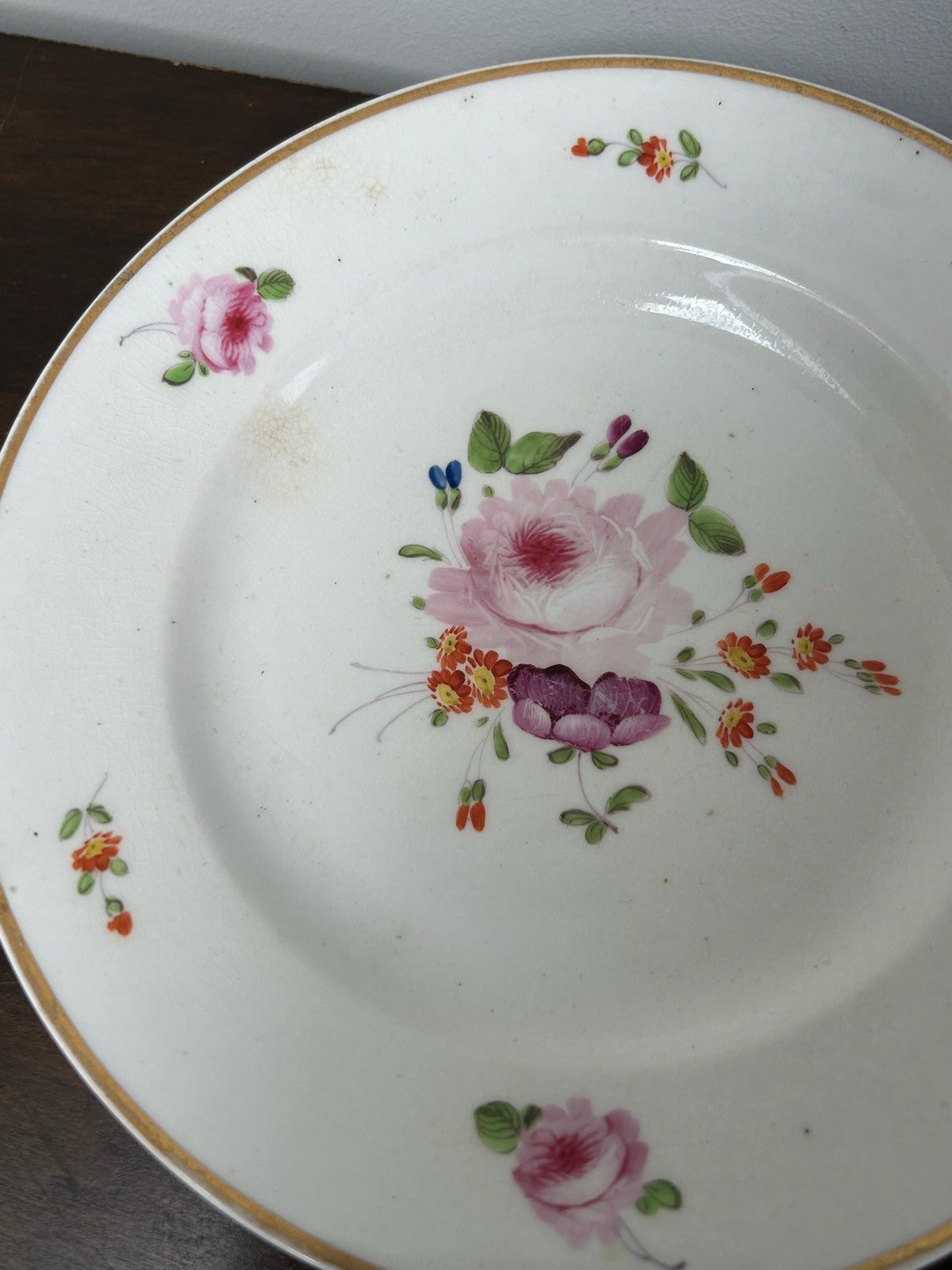 Pair Antique Derby Porcelain Dessert Plates Pink Roses Red Crown Mark c.18108