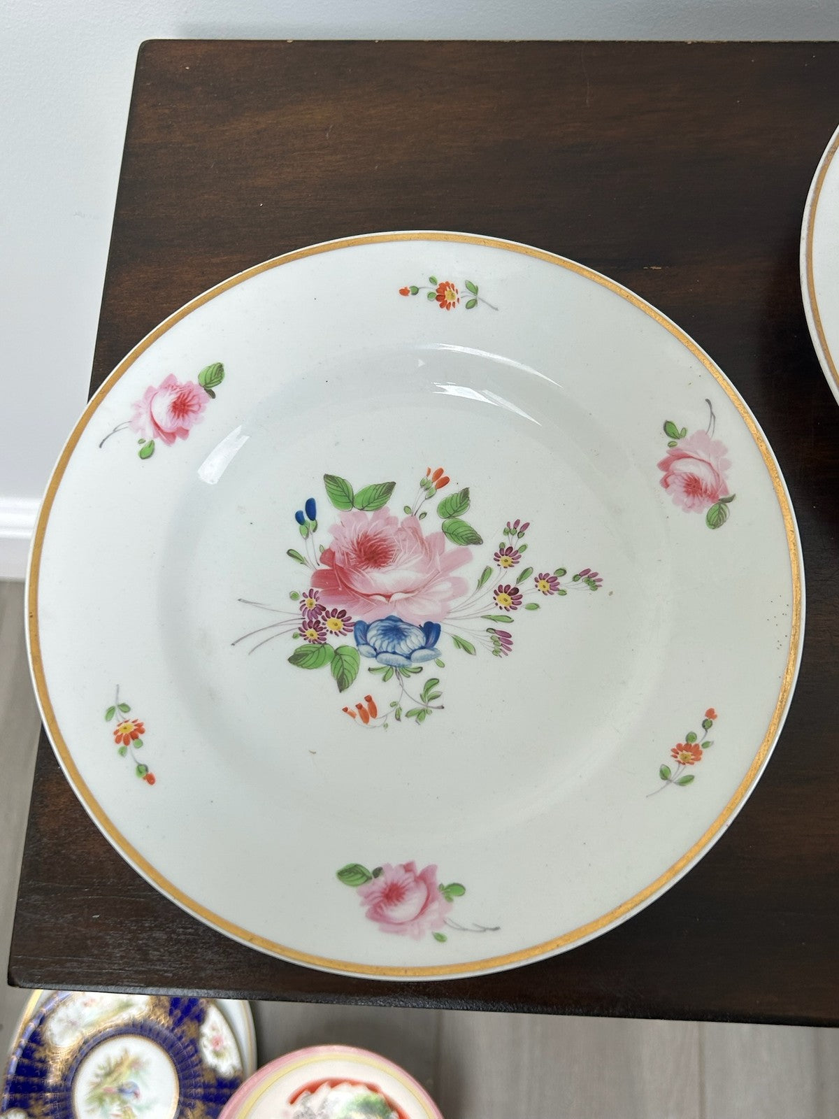 Pair Antique Derby Porcelain Dessert Plates Pink Roses Red Crown Mark c.18101