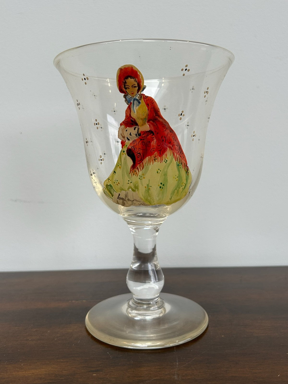 Antique Hand Painted Glass Goblet Lady in Crinoline Dress 19cm Pontil Mark1