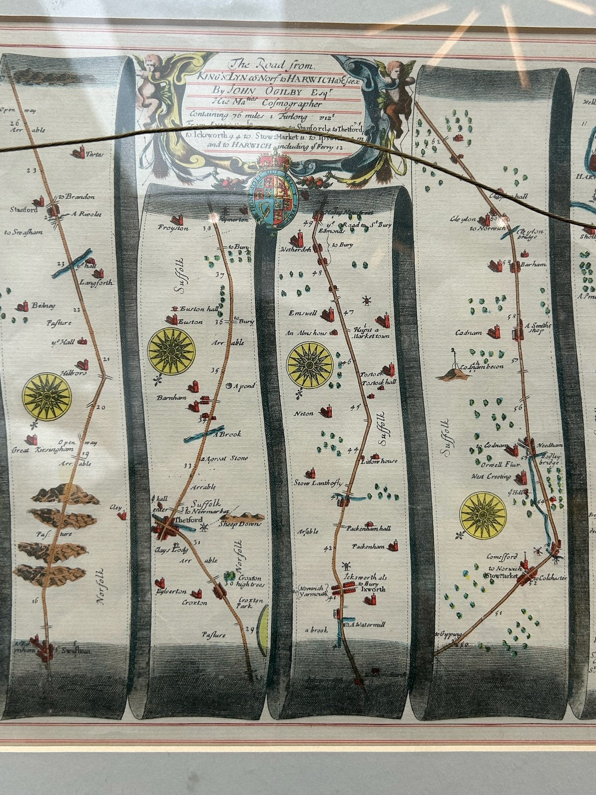 Pair John Ogilby Britannia Strip Road Maps Norfolk c1675 Hand Coloured Framed4