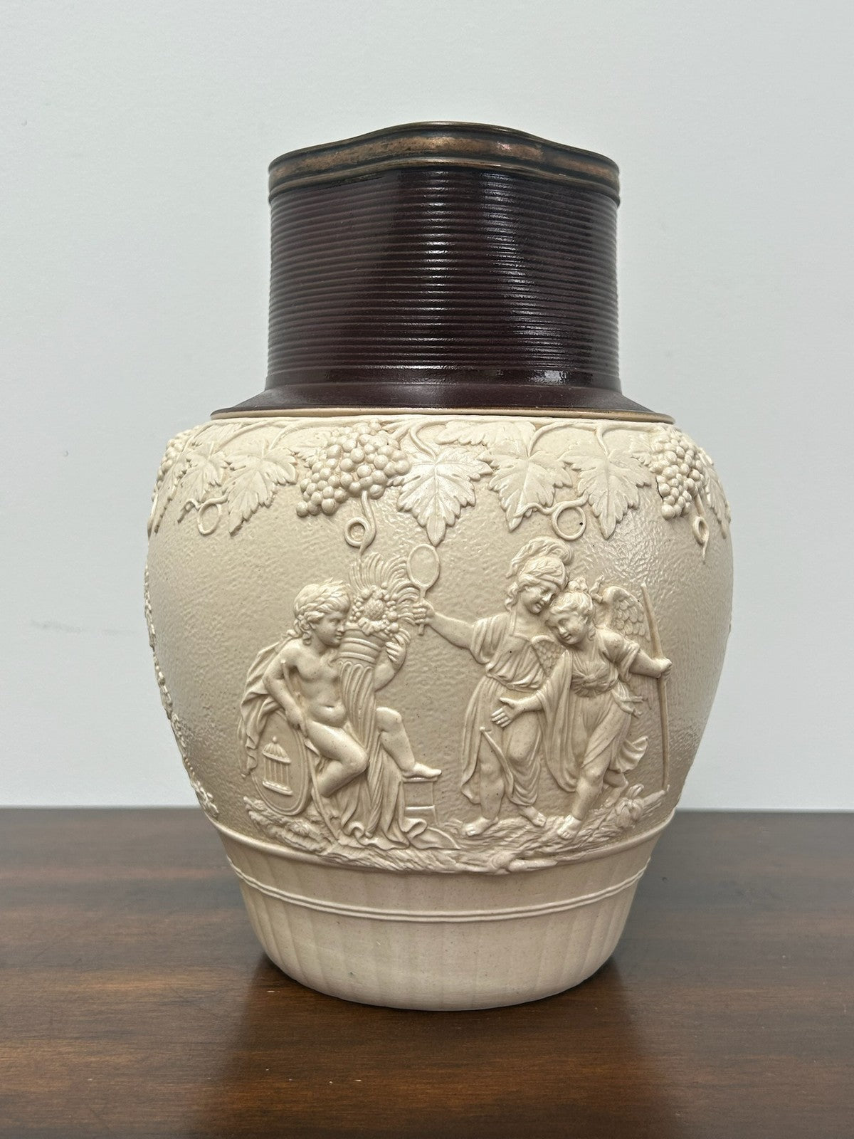 Large Turner Stoneware Jug 23cm Bacchanalian Classical Relief Georgian c18000