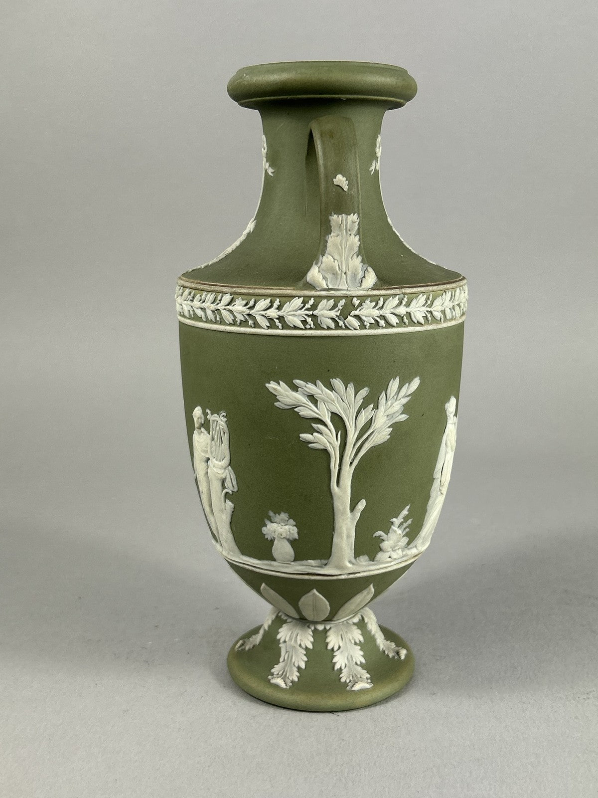 Antique Wedgwood Green Jasperware Trophy Vase with Classical Figures