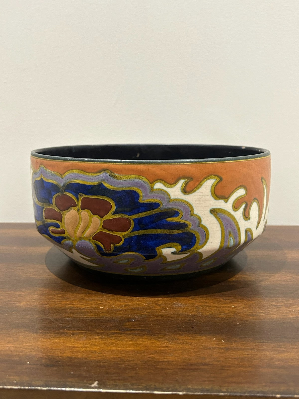 Gouda Holland Art Deco Pottery Bowl Hand Painted Floral3