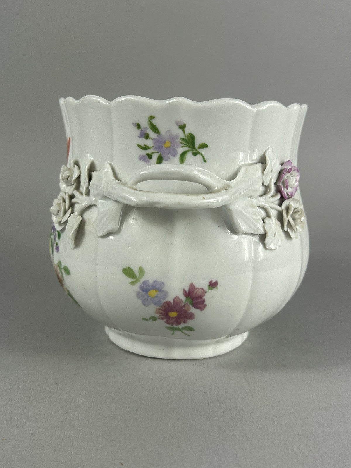 Meissen style porcelain two handled floral bowl with applied roses