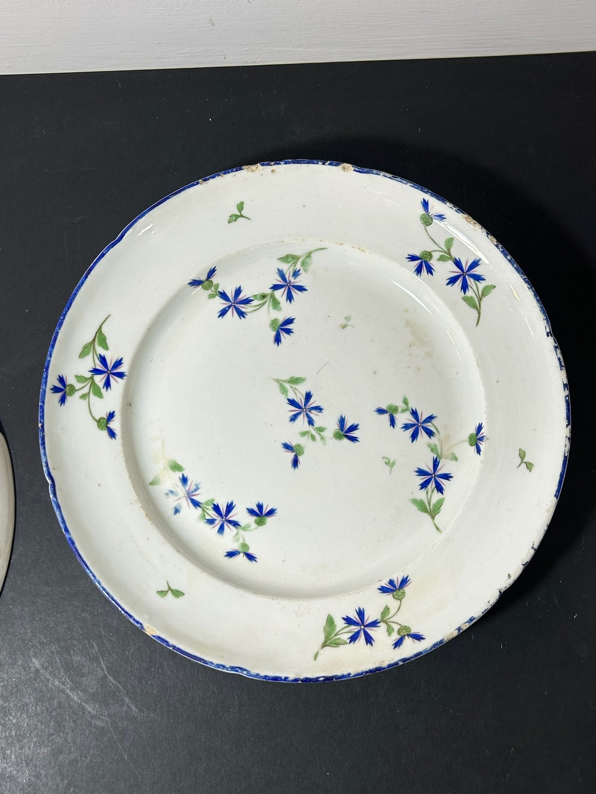 Pair Antique Plates Blue Cornflower Sprig Barbeau Pattern Blue Rim 24cm7