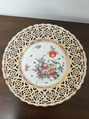 Antique Meissen Porcelain Reticulated Cabinet Plate Hand Painted Flowers Gilt