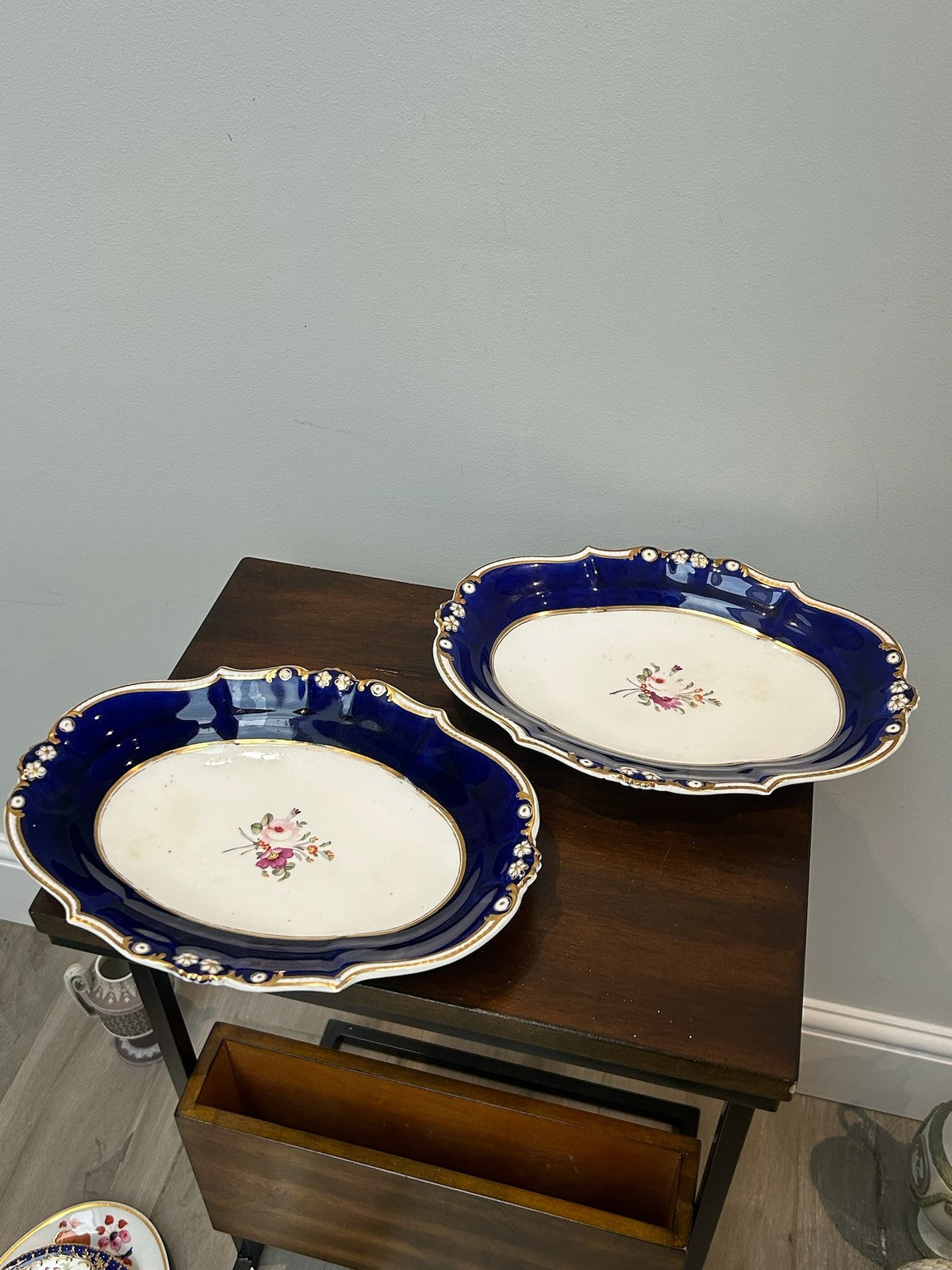 Pair Bloor Derby Oval Dessert Dishes Cobalt Gilt Borders Floral Sprays c.18300