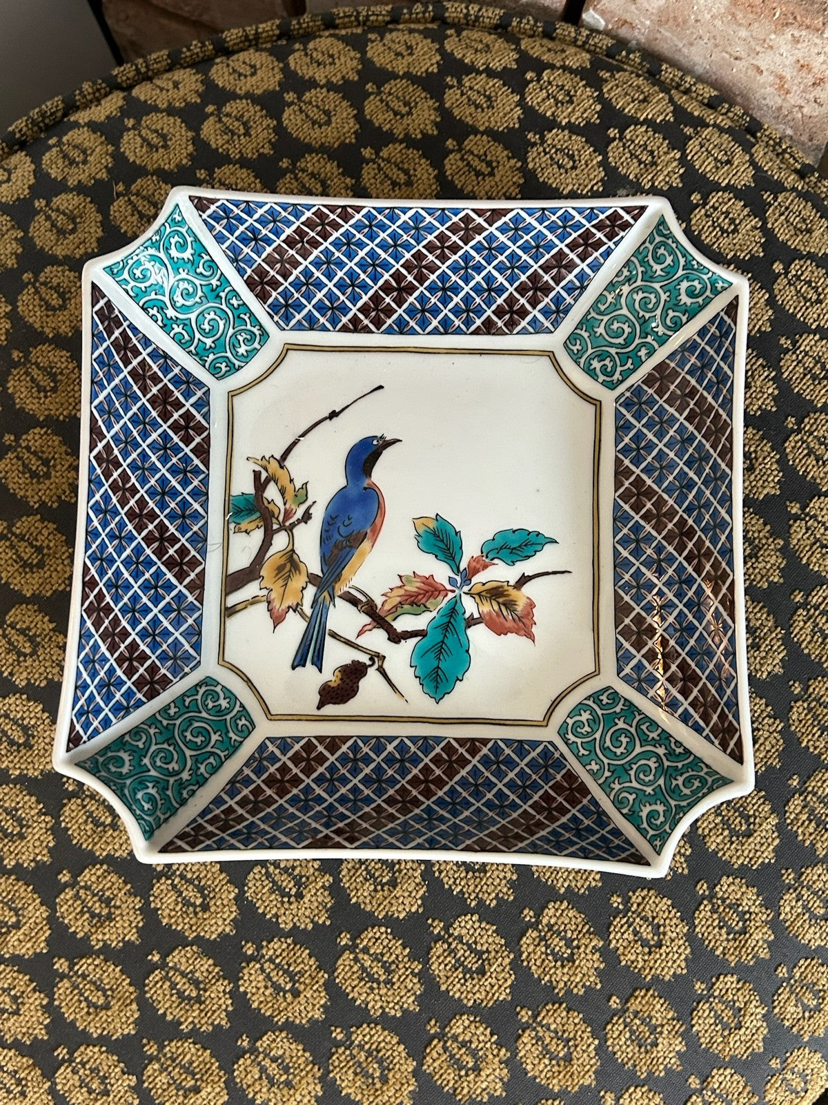 Japanese Kutani Porcelain Square Dish Autumn Bird Kiln Art Showa Hand Painted0