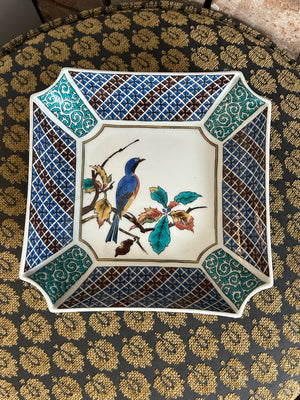 Japanese Kutani Porcelain Square Dish Autumn Bird Kiln Art Showa Hand Painted