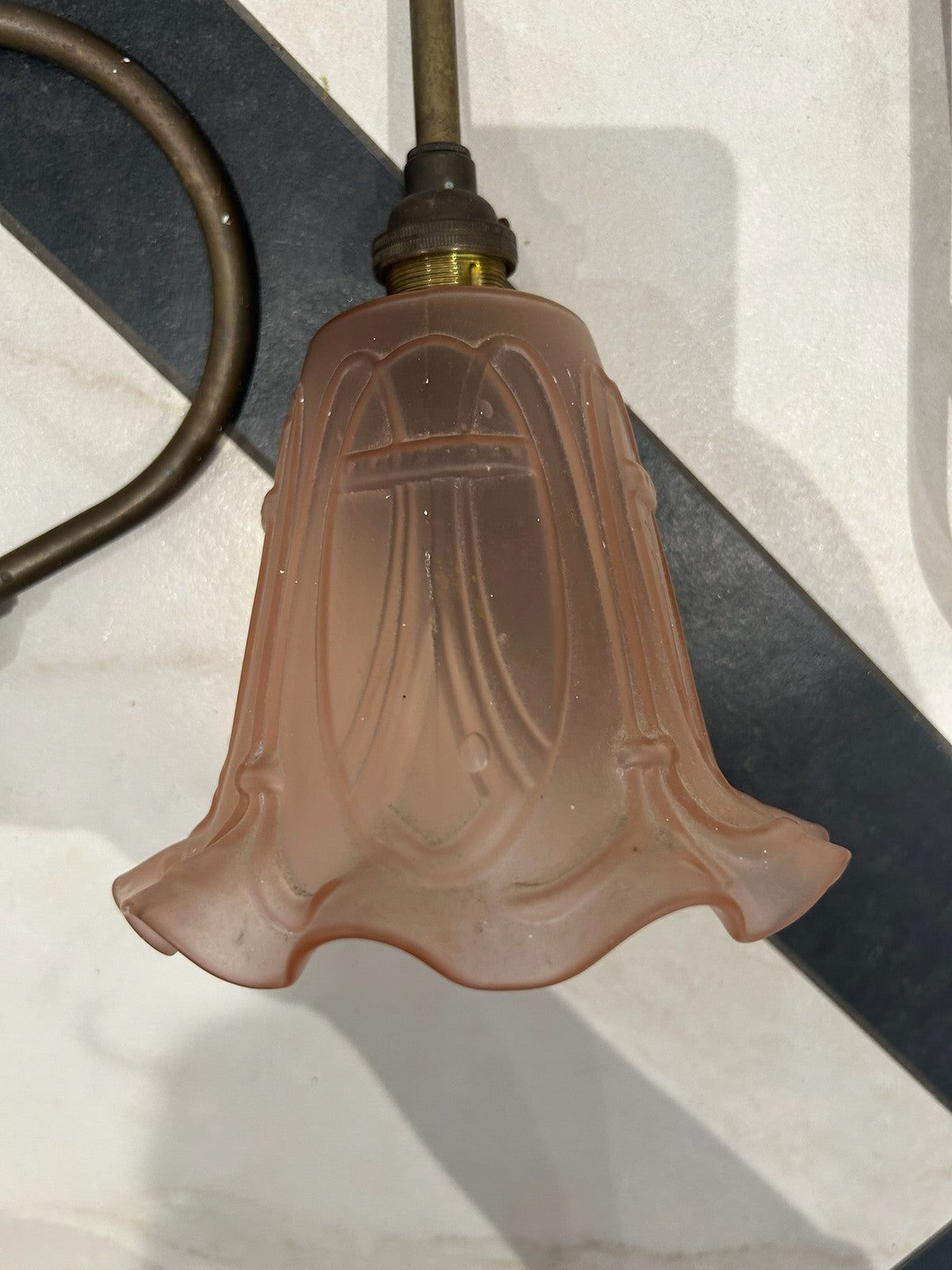 Pair Brass Wall Lights c.1900 Satin Pink Art Nouveau Frosted Glass Shades11
