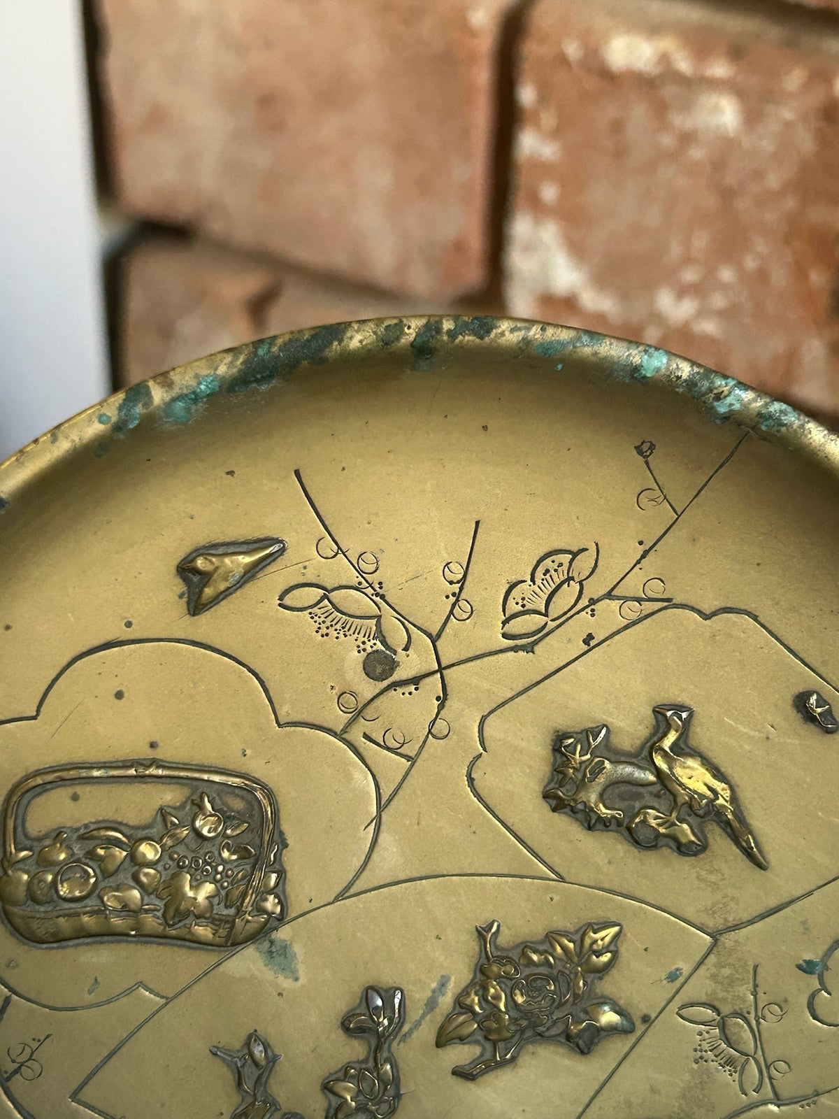 Japanese Brass Relief Dish Engraved Fan Panels Birds Flowers Plum Blossom9