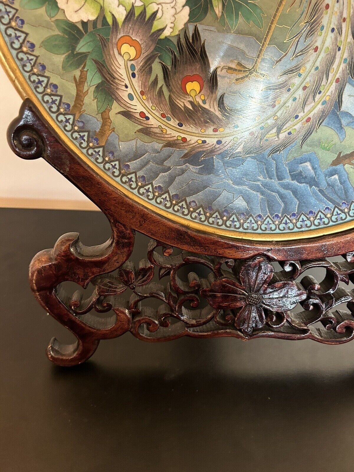 20th Century Chinese Cloisonné Charger Peacock With Wooden Stand