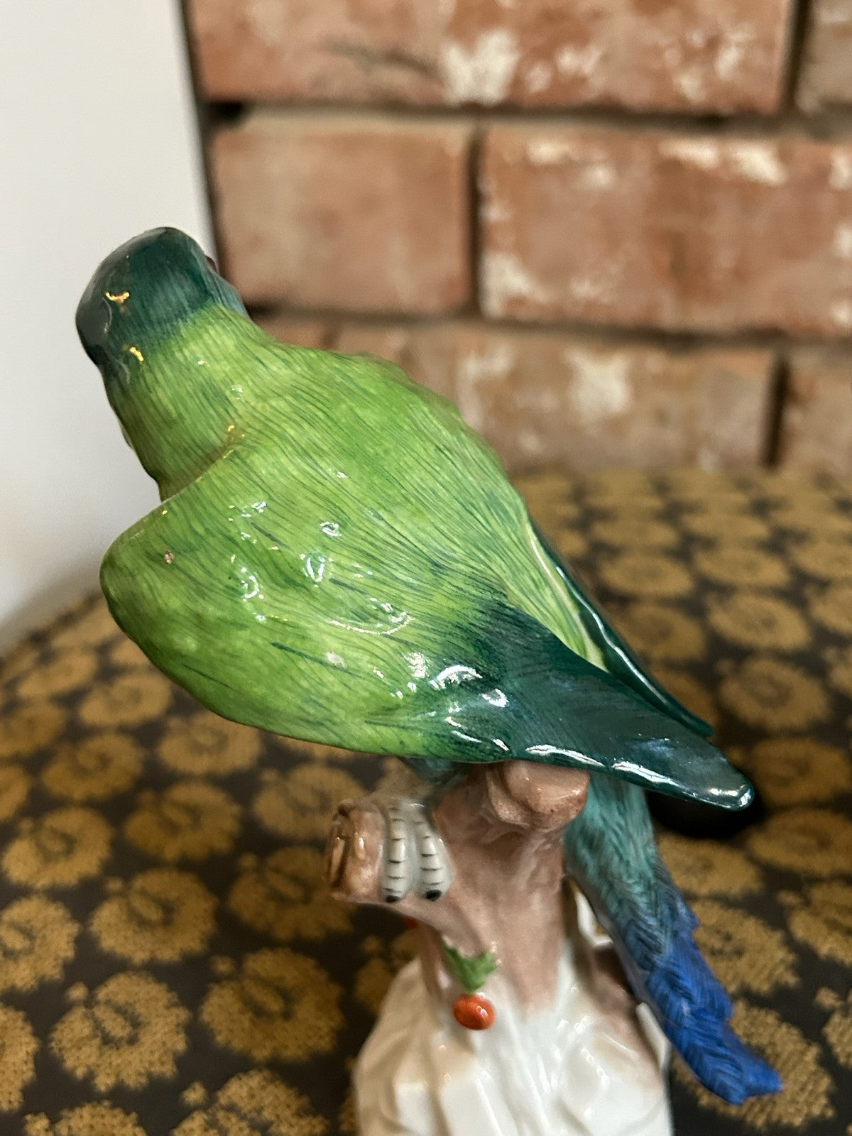 Pair Dresden Porcelain Green Parrot Figures Perched on Tree Stumps Blue Mark12