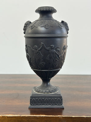 Wedgwood Black Basalt Urn Vase and Cover Square Plinth Classical Relief A/F