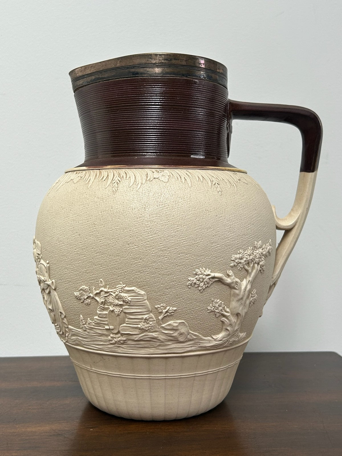 Large Turner Stoneware Jug 27cm Bacchanalian Figural Relief Georgian c18004