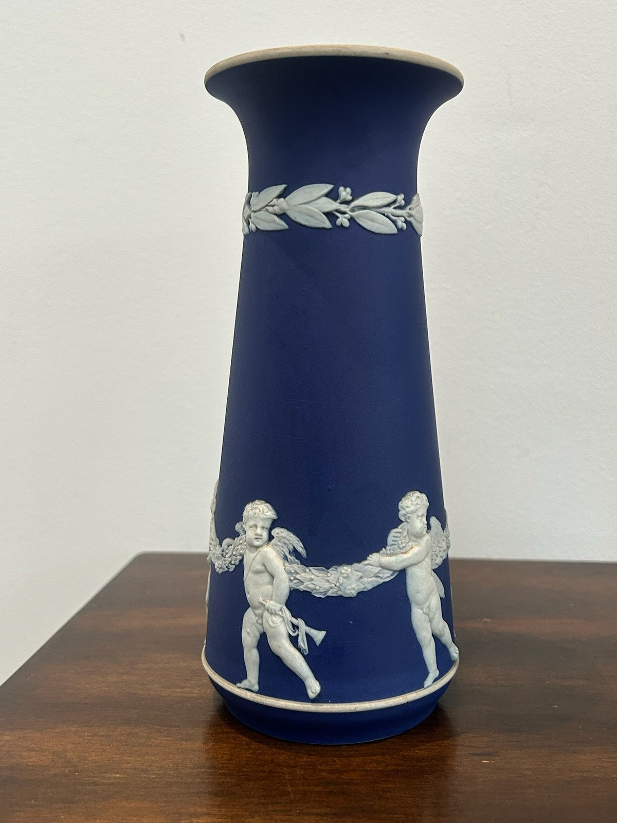 Pair Antique Wedgwood Portland Blue Jasperware Vases Cherubs Cupids (One A/F)3
