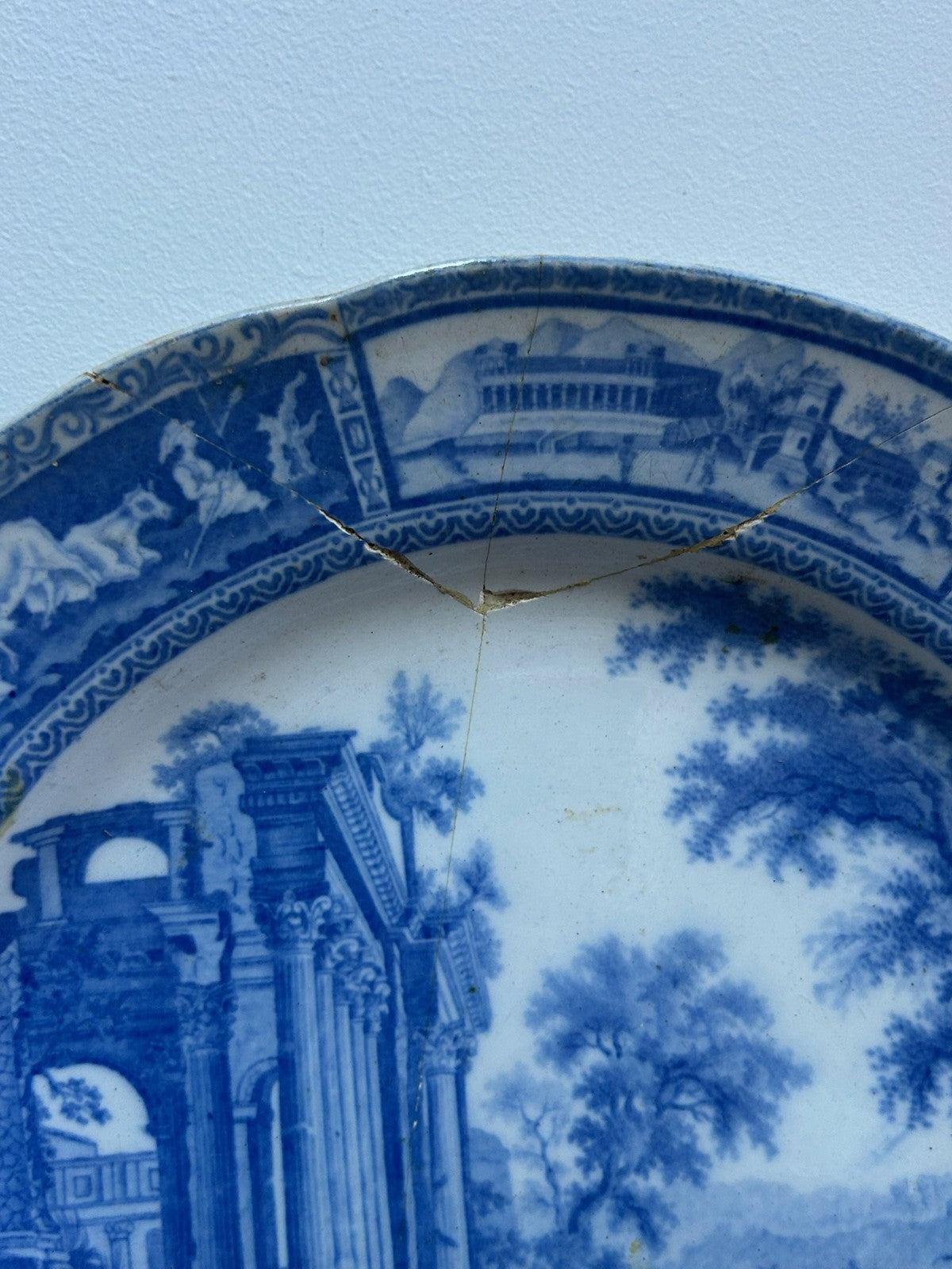 Antique Staffordshire Blue White Transferware Plate Ruins Landscape c18202