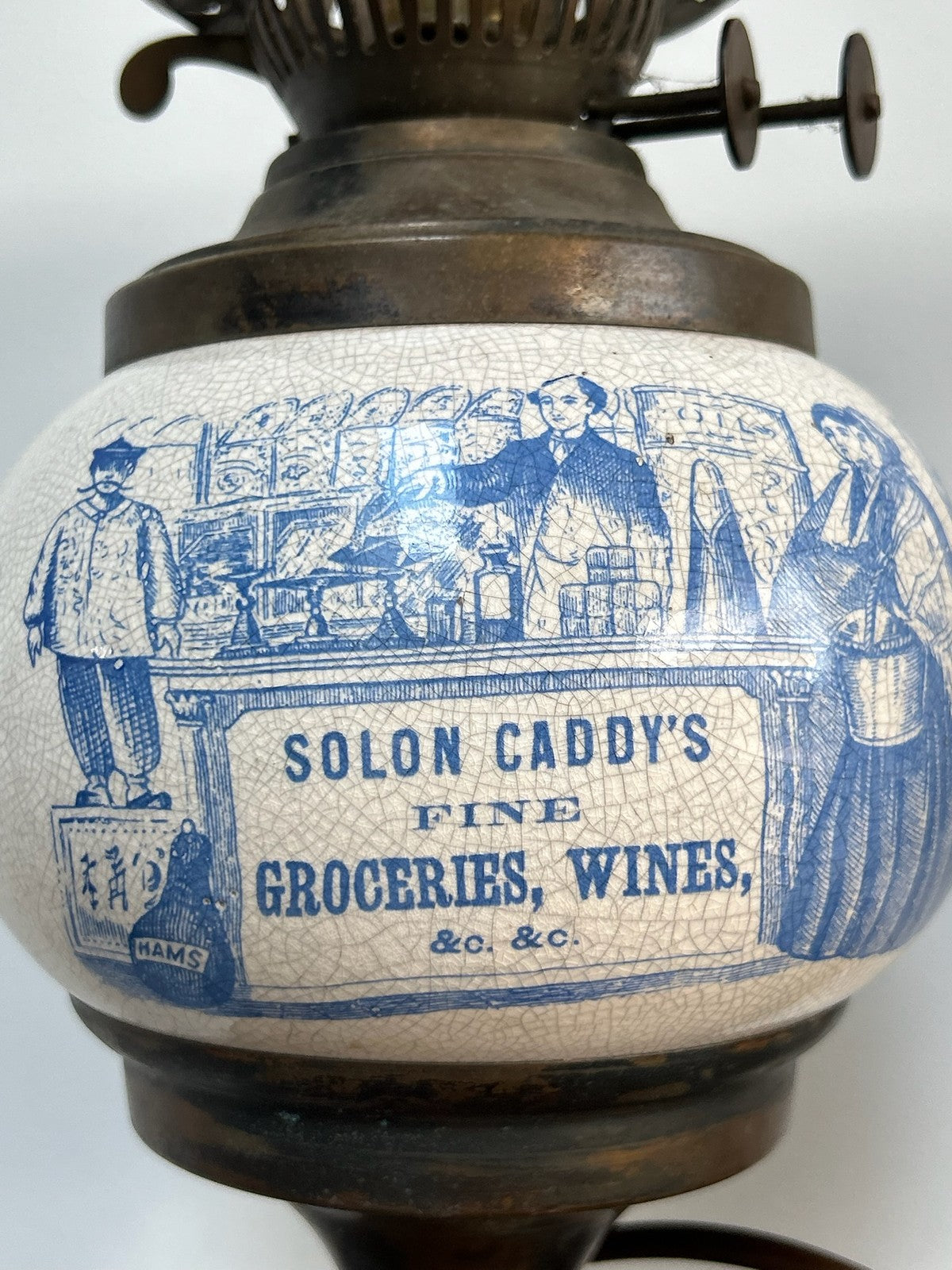 Pair Victorian Style Advertising Oil Lamps Grocer & Liquor A/F2
