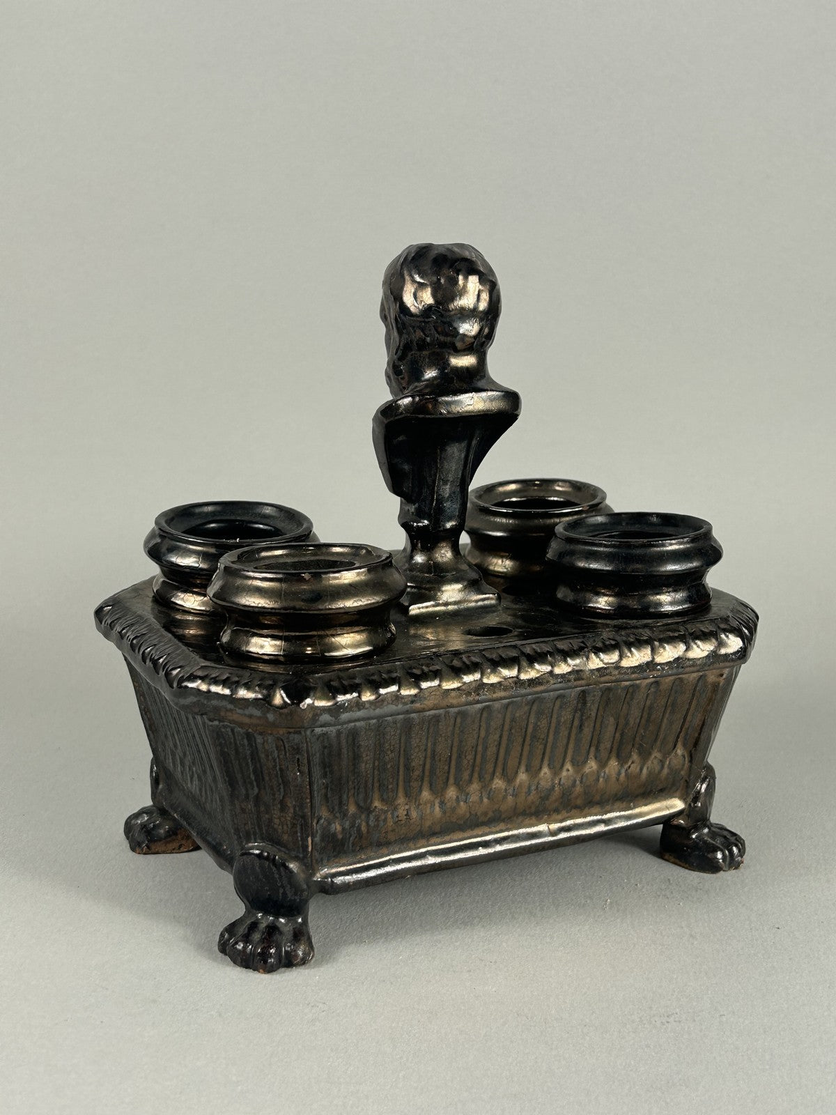 Early Staffordshire Silver Lustre Philosopher Inkstand with Four Pots